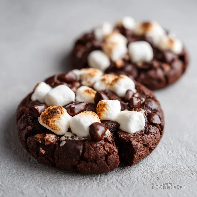 A stack of rich, dark chocolate cookies topped with gooey, toasted marshmallows.