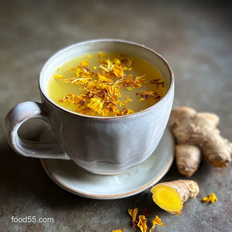 Delicate glass teapot filled with warm ginger tea, alongside a small cup and honey stick on a light airy table.