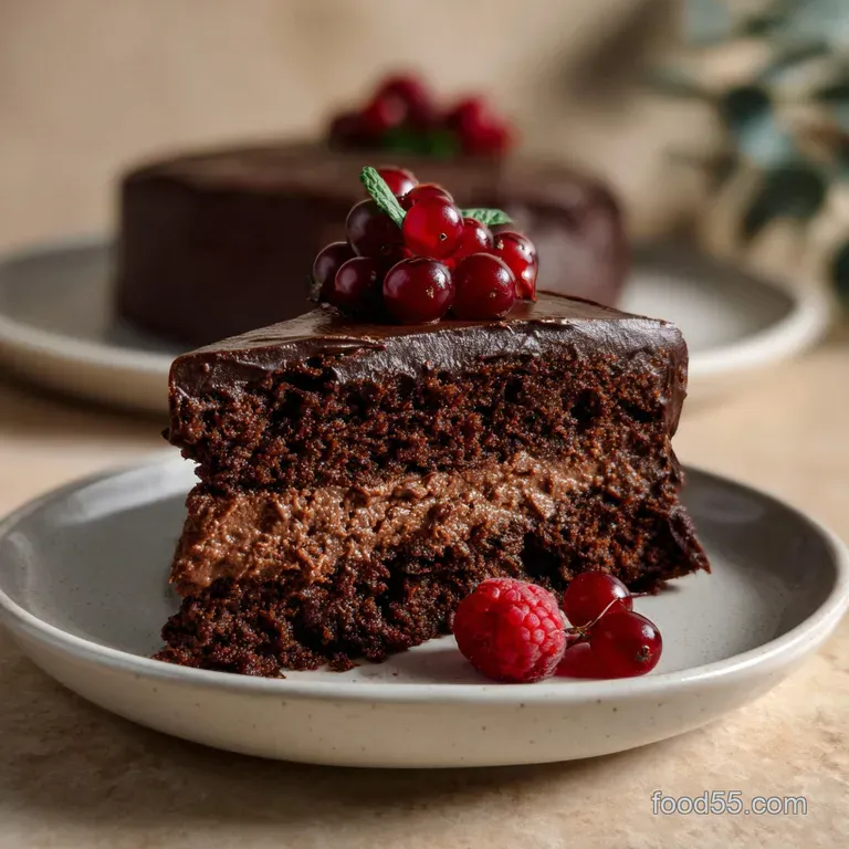 Elegant slice of chocolate truffle cake topped with fresh raspberries and a delicate dusting of powdered sugar on a white ...