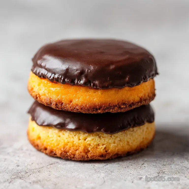 A single slice showing layers of gold sponge and bright orange jelly, topped with chocolate on a clean white plate.
