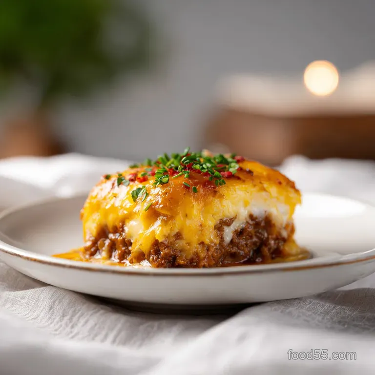 A generous slice of hearty casserole with visible cheese, served with a fresh green garnish.
