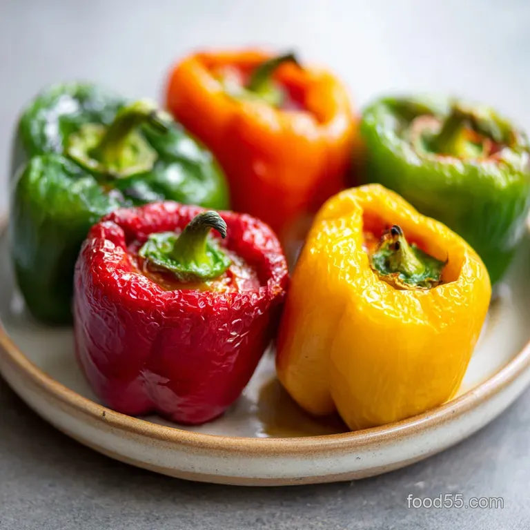 A single stuffed pepper, halved, reveals a delicious ground beef filling. Fresh parsley sprig garnish adds vibrant color t...