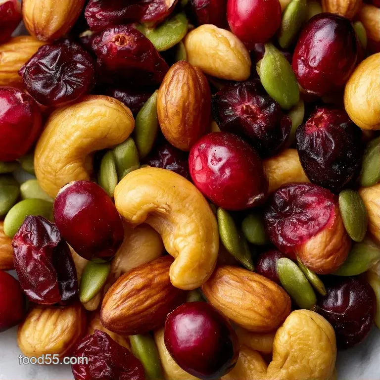 Golden toasted nuts and bright red dried berries scattered elegantly on a dark slate board with a linen napkin.
