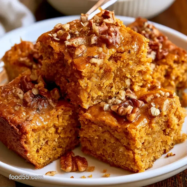 Neatly stacked orange-hued breakfast squares on a rustic board, accented by a small bowl of creamy almond butter.