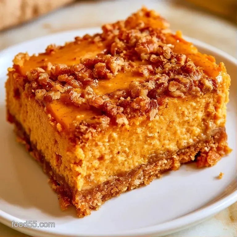 A single slice of creamy orange cheesecake on a white plate, topped with a toasted pecan and a dash of cinnamon.