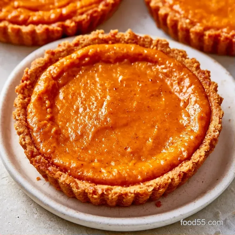 Tiny orange tarts arranged on a white ceramic platter, garnished with fresh mint leaves and a dusting of cinnamon.