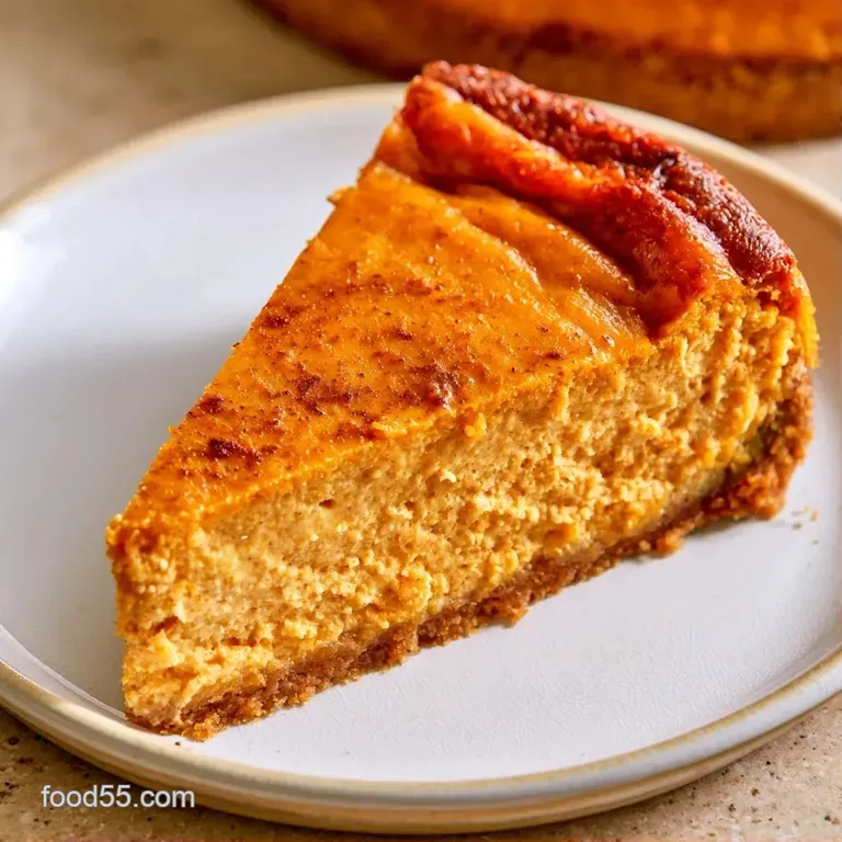 A slice of smooth orange cheesecake on a white plate, topped with a dollop of cream and a sprinkle of cinnamon.