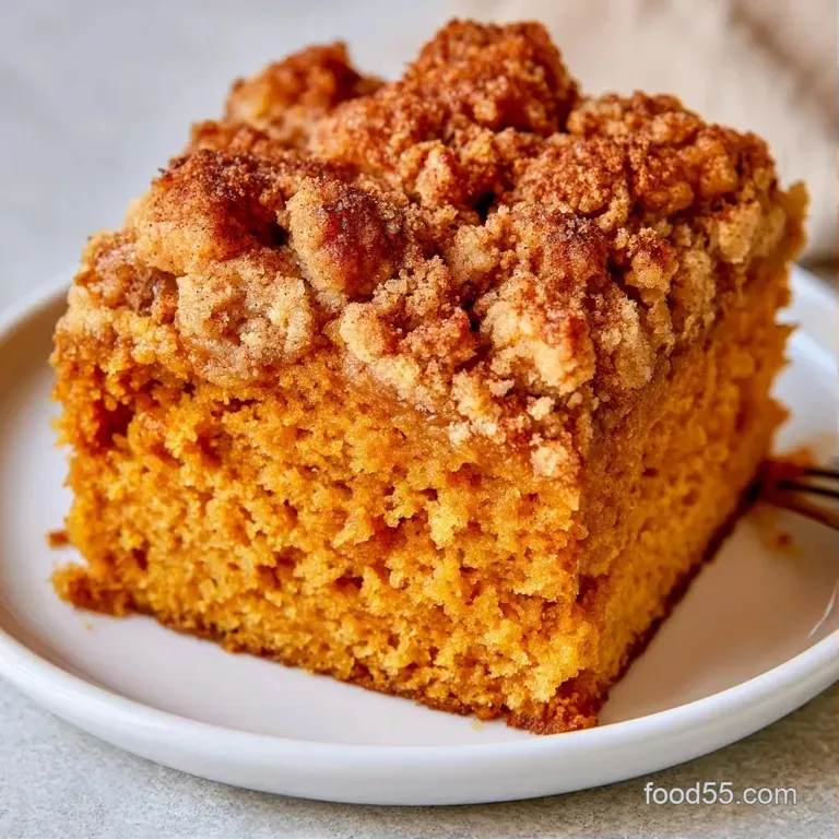 Elegant slice of orange spice cake topped with buttery crumbs, served on a rustic ceramic plate with a silver fork.