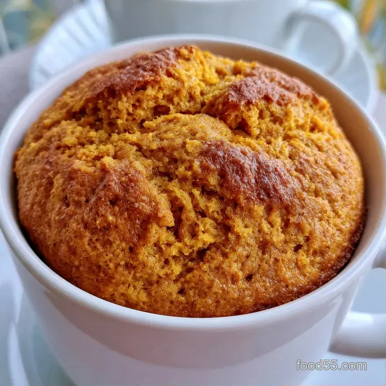 Warm, orange-hued cake in a white mug topped with a dollop of whipped cream and a sprinkle of ground cinnamon.