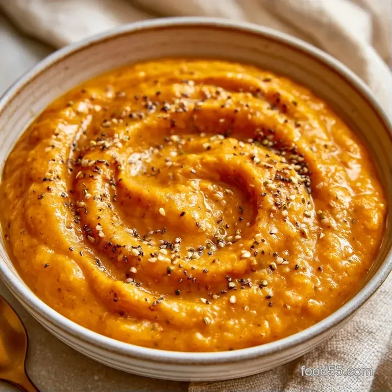 Thick orange oats in a glass jar, garnished with ivory hemp hearts and a drizzle of syrup on a linen cloth.