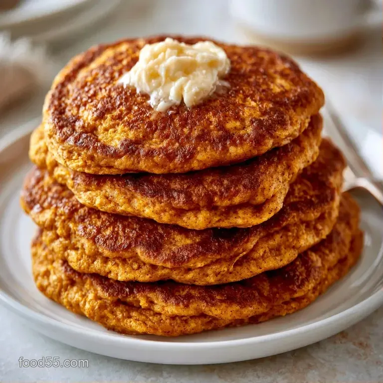 Golden-orange pancakes stacked high on a white ceramic plate, garnished with fresh blueberries and mint leaves.
