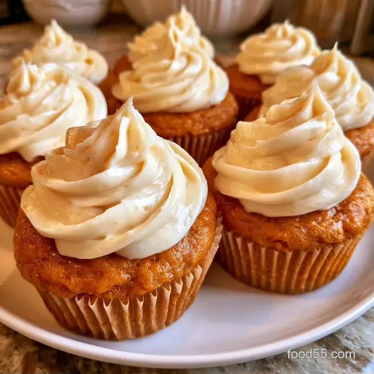Small orange cakes with piped white cream peaks arranged on a white platter with autumn-inspired decorations.