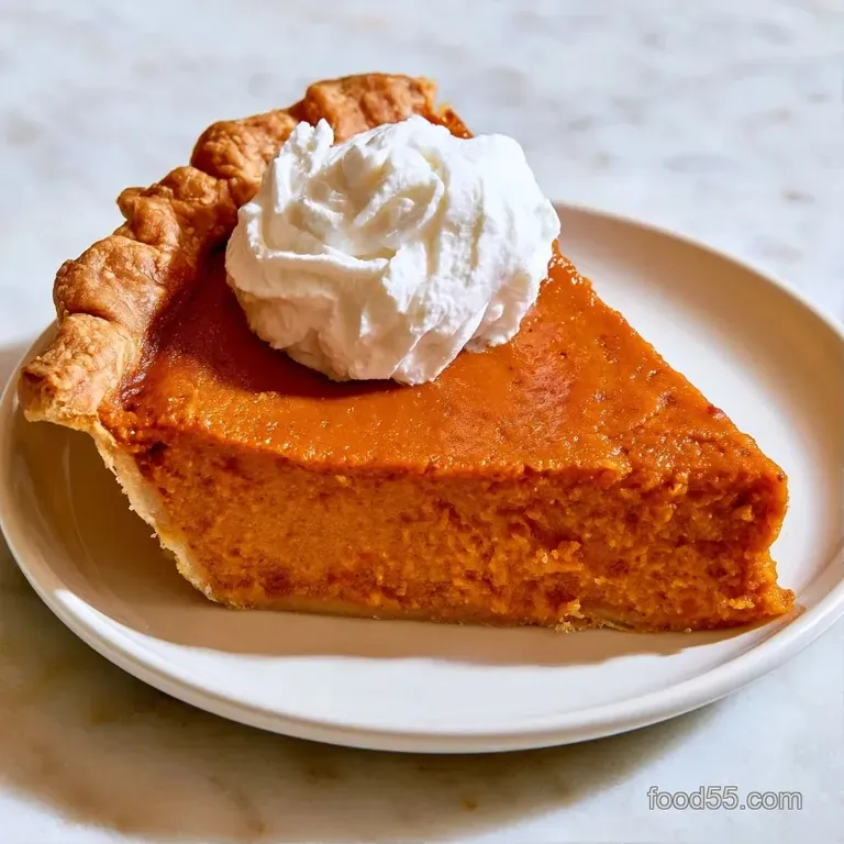 A slice of velvety orange tart on a white ceramic plate, garnished with a swirl of cream and a pinch of cinnamon.