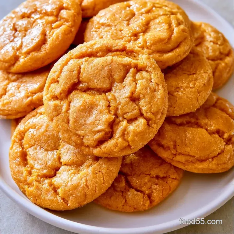 A stack of soft orange cookies beside a steaming cup of coffee, garnished with a cinnamon stick and autumn leaf.