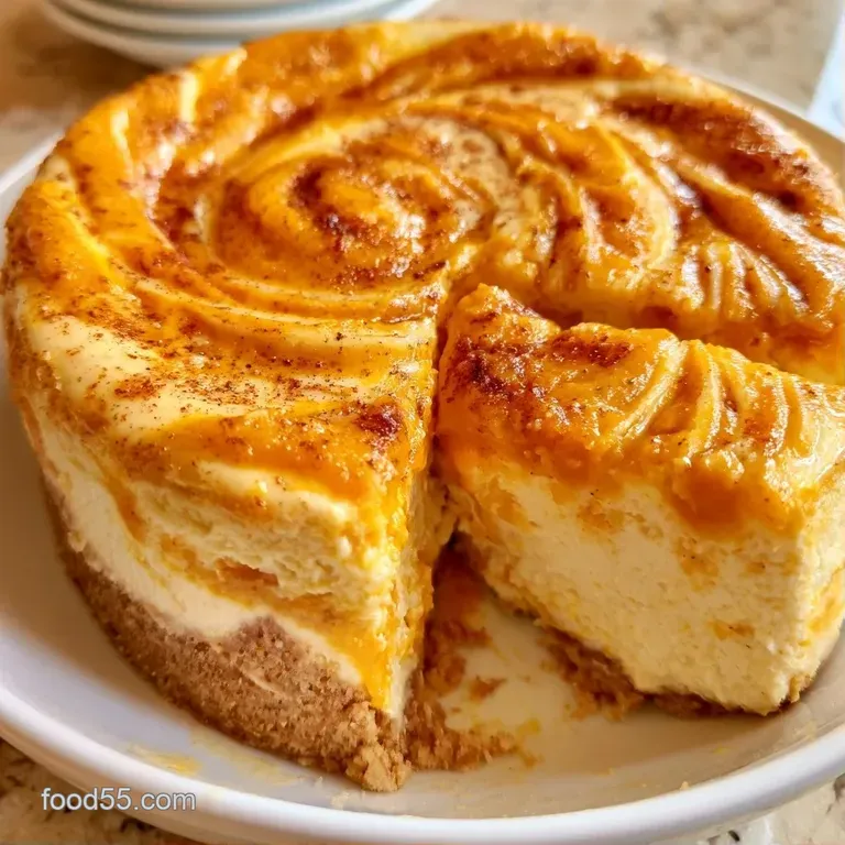 A slice of swirled orange and cream cake on a matte plate, garnished with a dollop of whipped cream and a mint leaf.