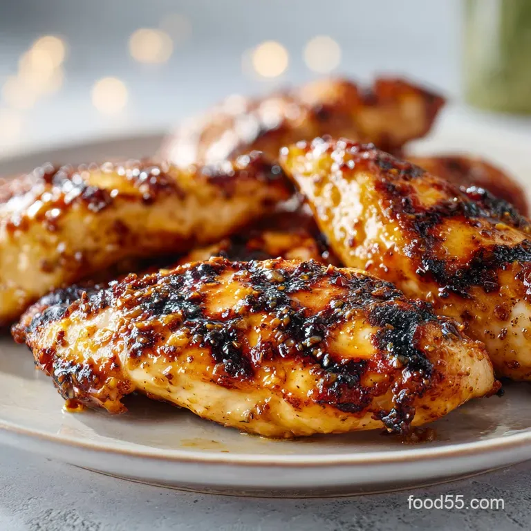 Charred chicken strips arranged over colorful tropical salsa with vibrant red peppers and fresh diced mango.