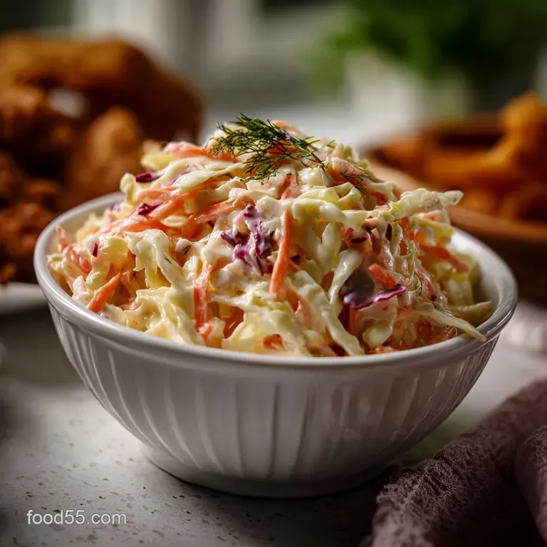 A portion of creamy coleslaw elegantly served on a white plate, showcasing its finely shredded texture and glistening, smo...