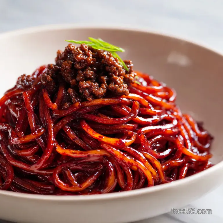A minimalist white bowl of glossy stir-fried noodles and beef, topped with toasted sesame seeds and fresh chives.