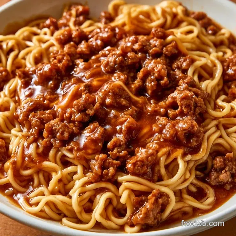 Steaming noodles and glazed ground beef in a matte black bowl, finished with toasted sesame seeds and green onions.