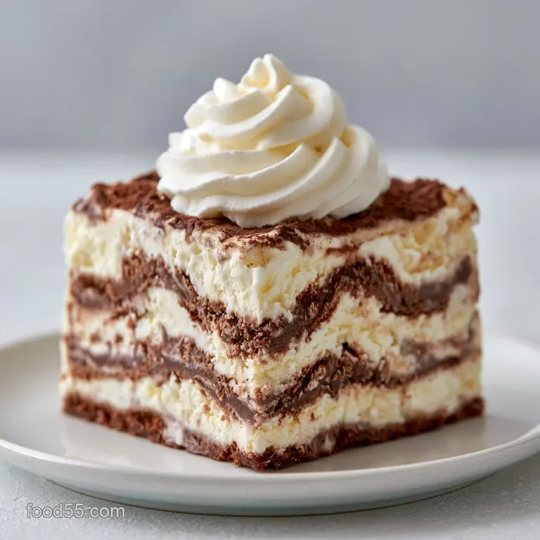 Elegant slice of frozen cream cake on a white plate, topped with whipped swirls and a single glossy cherry.
