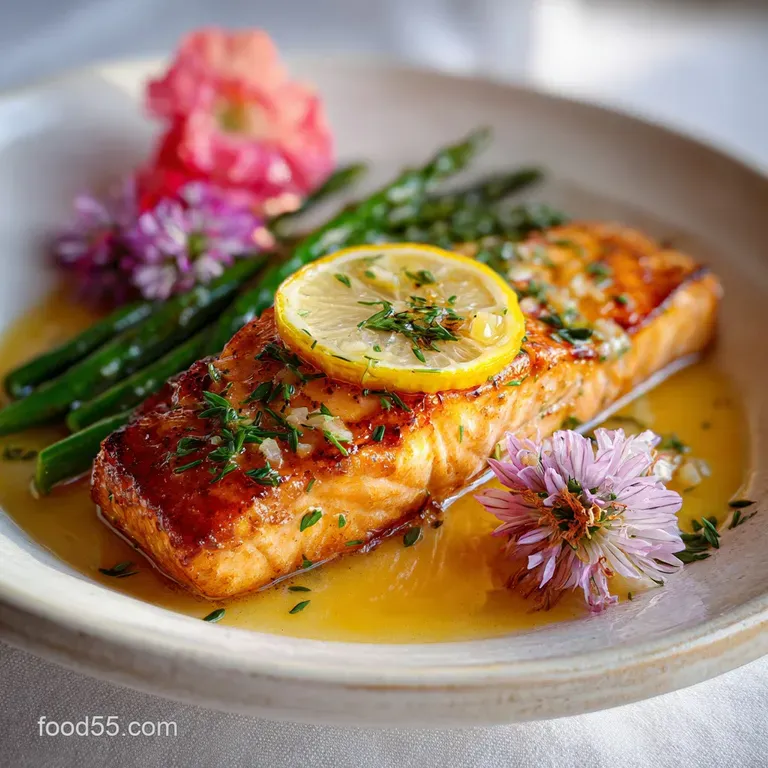 Lemon butter salmon fillet on a plate, skin crisped golden brown, next to vibrant green asparagus spears, drizzled with sa...
