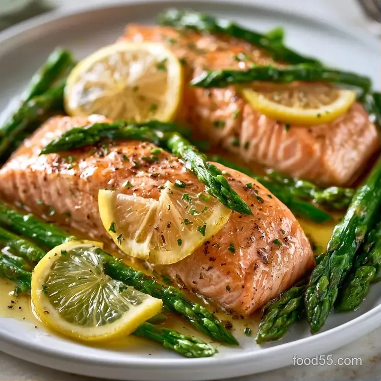 A flaky pink fillet centered on a white plate, surrounded by tender green asparagus and a glossy lemon butter drizzle.