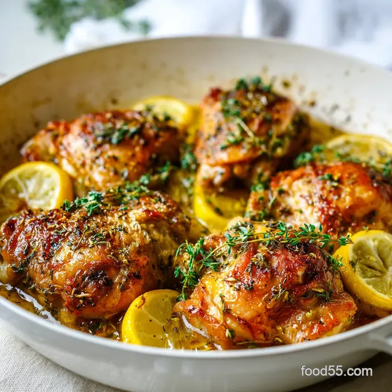 A juicy portion of skillet-roasted chicken rests on creamy mashed potatoes, adorned with bright lemon slices and fragrant ...