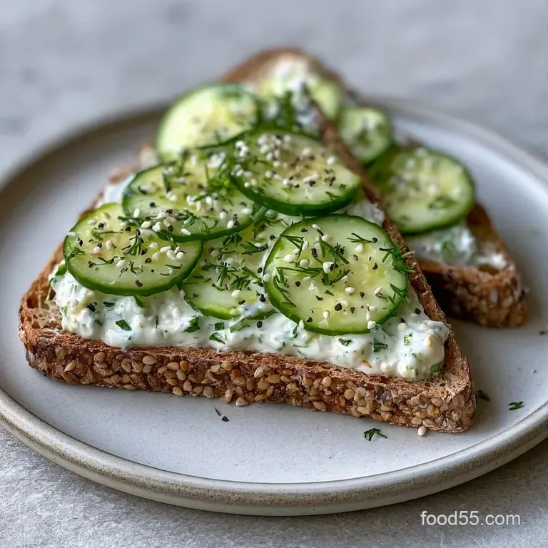 Dainty white sandwiches with pale green cucumber layers and dill, arranged in a row on a clean white porcelain plate.