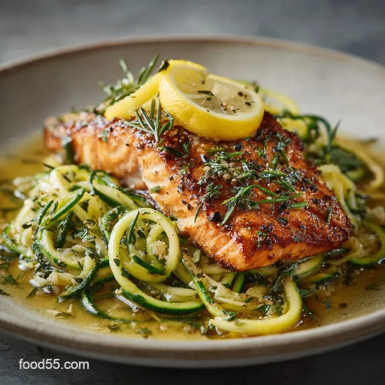 Panseared Lemon Garlic Butter Salmon with Zucchini Noodles Zoodles presentation