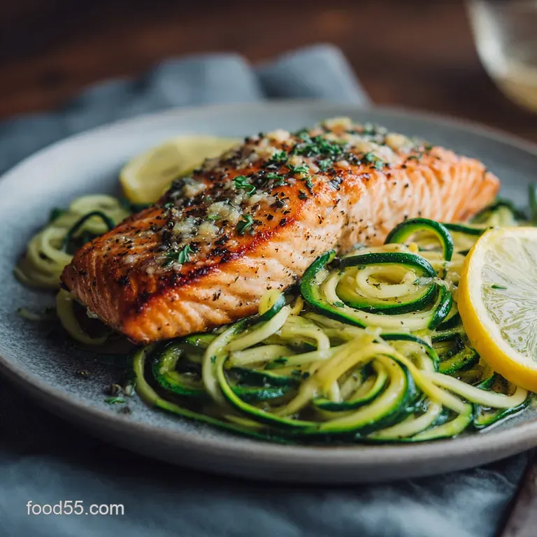 Panseared Lemon Garlic Butter Salmon with Crisp Zucchini Noodles Zoodles presentation
