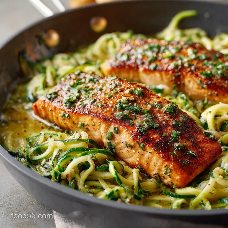 Panseared Lemon Garlic Butter Salmon with Al Dente Zucchini Noodles presentation