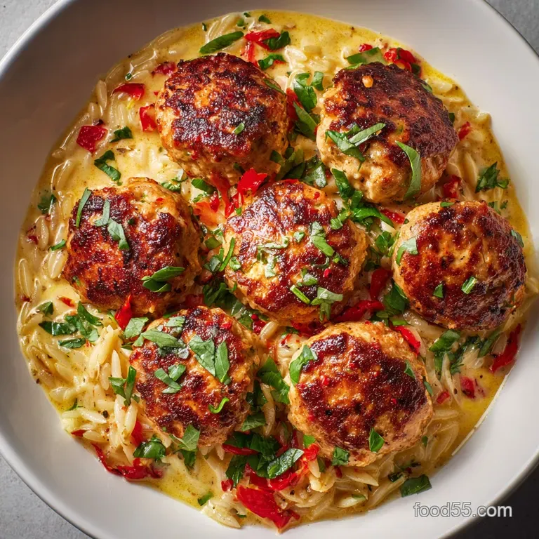 Chicken Meatballs with Orzo: Our Zesty Creamy Weeknight One-Pan Wonder presentation