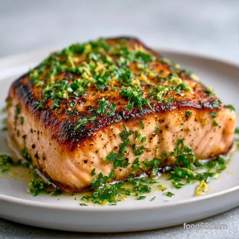 A seared pink salmon fillet on a ceramic plate, accented by vibrant green herbs and thin yellow citrus wheels.