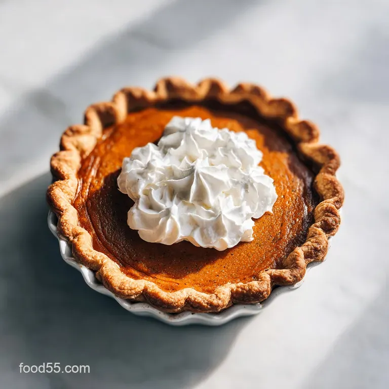 A smooth slice of orange pumpkin pie topped with a swirl of fluffy white cream on a clean white ceramic plate.