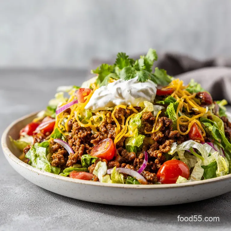 A towering mound of salad with crumbled cheese and a drizzle of creamy dressing.