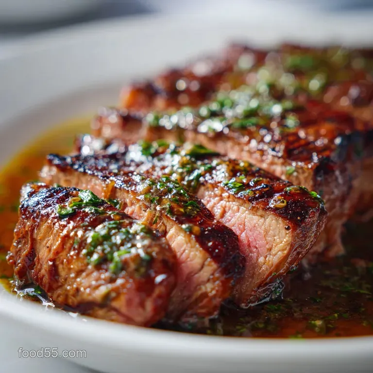 Perfectly sliced London broil arranged on a white plate, garnished with fresh parsley, showcasing a juicy, tender appearance.