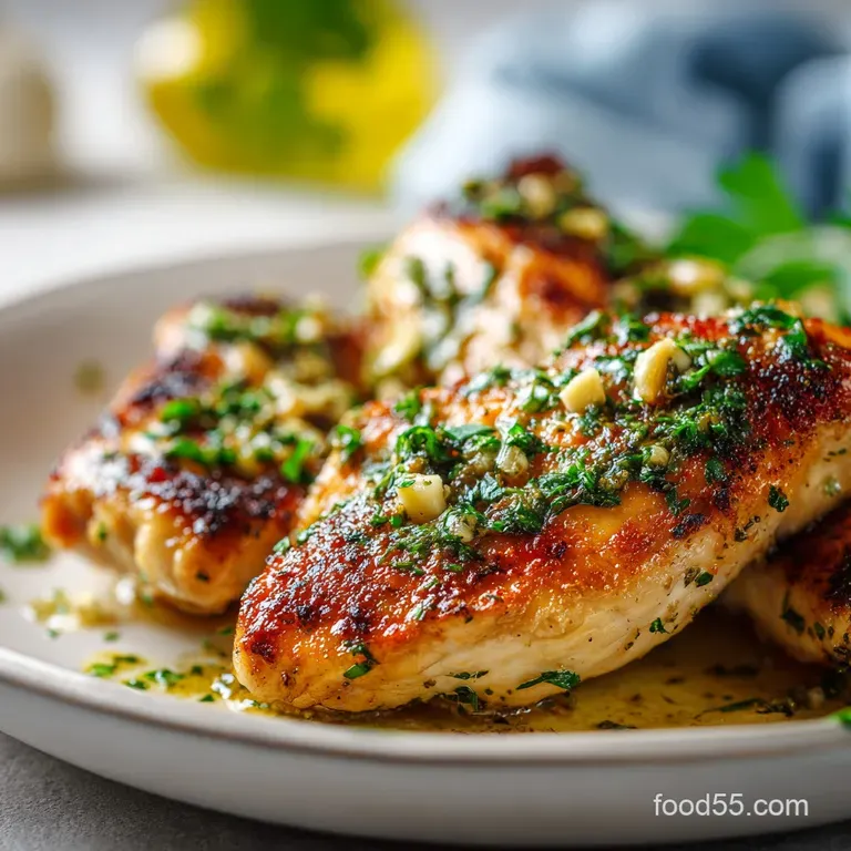 Garlic baked chicken breast plated with vibrant green asparagus and a lemon wedge, drizzled with golden garlic butter.
