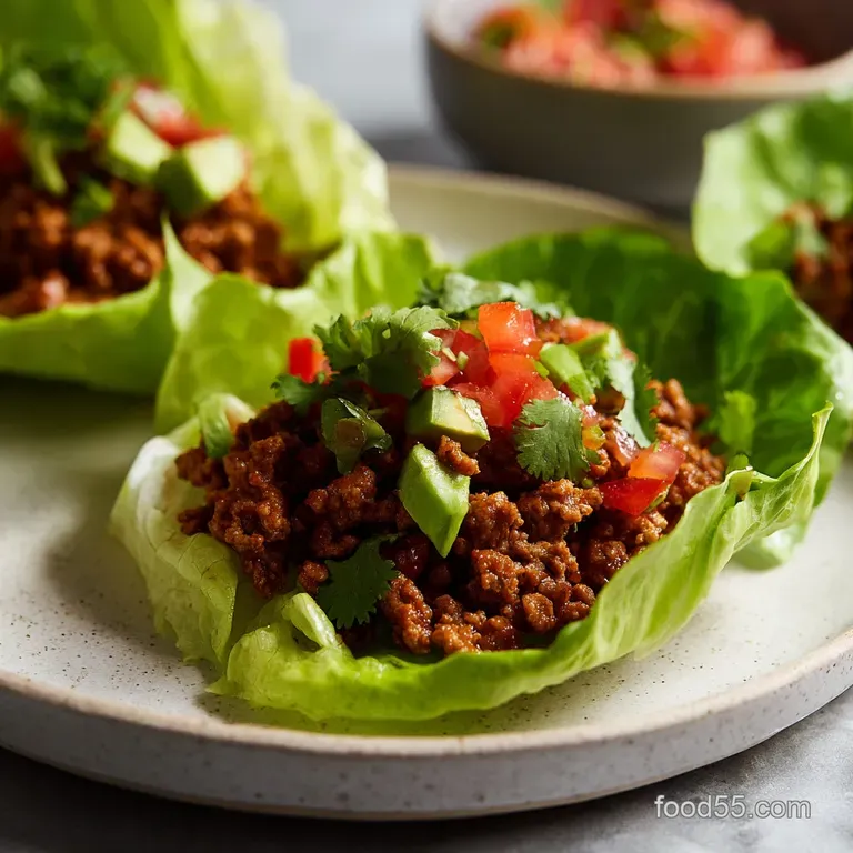 Fresh lettuce wraps filled with savory ground meat, topped with vibrant tomato, onion, and a drizzle of creamy sauce.