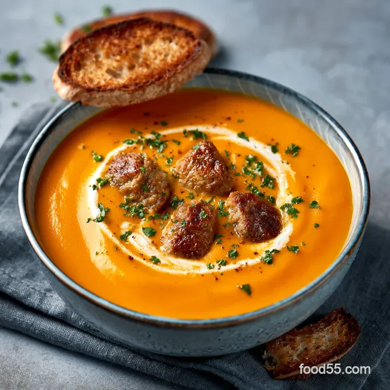 Vibrant orange puree served in a shallow bowl, topped with seared sausage and a silky swirl of heavy cream.