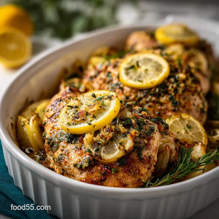 Succulent chicken glistening under bright lemon slices, atop creamy mashed potatoes. Sprinkled with fresh green herbs.