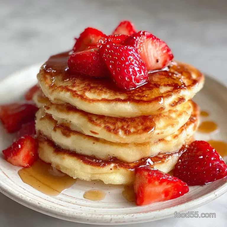 Two light pancakes, dolloped with creamy white cottage cheese and drizzled syrup, inviting and simply plated on a white pl...