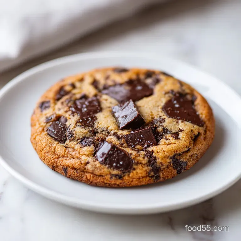 Warm chocolate chip cookie served on a rustic plate, bits of melted chocolate visible, inviting and comforting, with a gla...