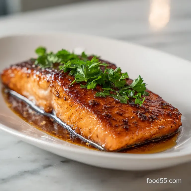 A perfectly seared salmon portion, drizzled with glossy caramel glaze, artfully arranged with a lemon wedge.