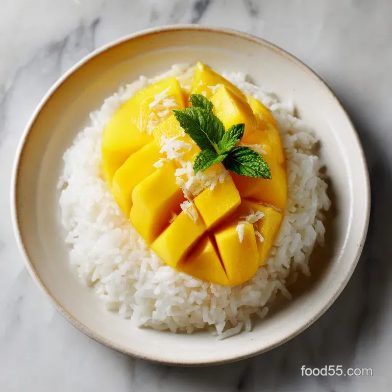 Elegant plate of mango sticky rice: plump, yellow mango slices atop fluffy, white rice with rich coconut cream swirls.