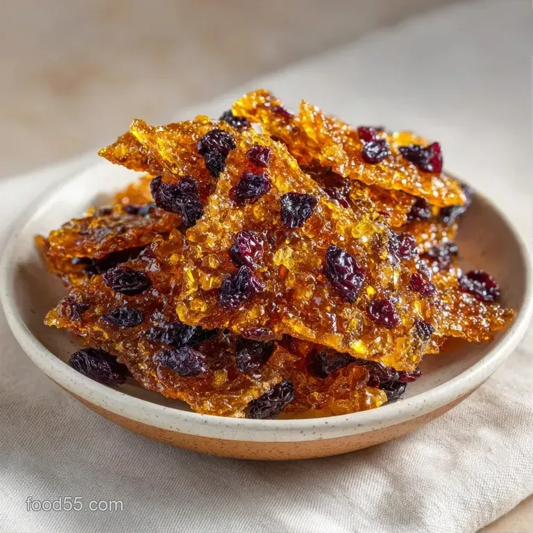 Jagged amber candy shards stacked elegantly on a white marble platter, garnished with a sprinkle of sea salt.