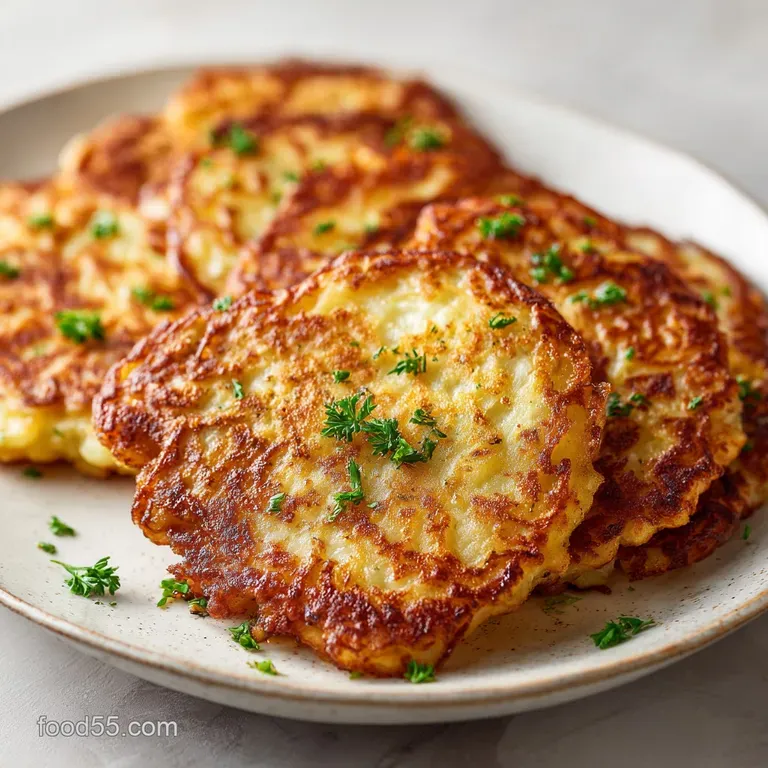 Stack of crispy potato pancakes with dollop of sour cream and chives. Simple, elegant, and utterly delicious breakfast.