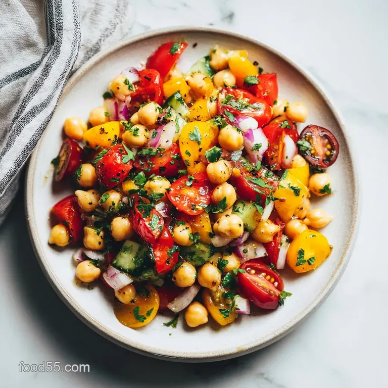 A generous scoop of Mediterranean chickpea salad in a rustic bowl, garnished with fresh herbs.