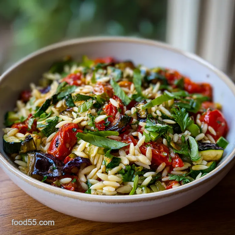 Mediterranean Smoky Orzo Salad with Charred Summer Vegetables presentation