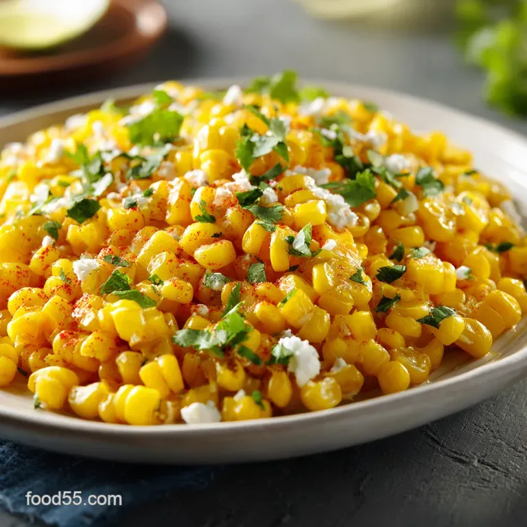 Elegant white bowl of creamy charred corn topped with crumbled white cheese and a fresh sprig of green cilantro.