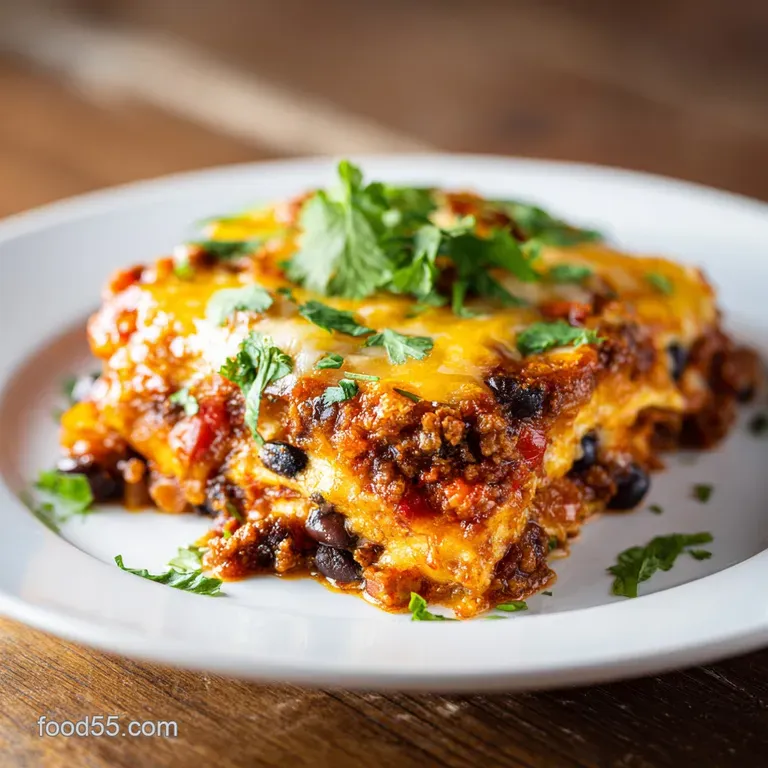 A generous slice of Mexican lasagna, topped with dollops of sour cream and fresh cilantro.
